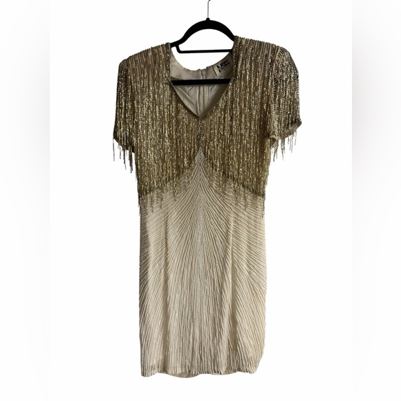 Vintage Dresses & Skirts - Vintage 100% Silk Beaded Gold Silver Fringe Cocktail Flapper Dress Short Sleeved